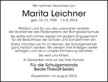 Traueranzeige von Marita Leichner von Trauerportal Rhein Main Presse