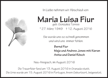 Traueranzeige von Maria Luisa Fiur von  Usinger Anzeiger