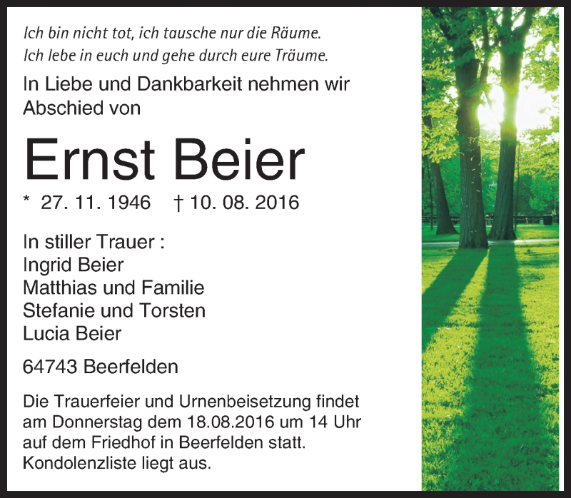  Traueranzeige für Ernst Beier vom 15.08.2016 aus Trauerportal Echo Online