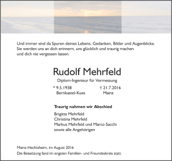 Traueranzeige von Rudolf Mehrfeld von Trauerportal Rhein Main Presse