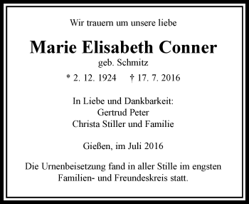 Traueranzeige von Marie Elisabeth Conner von  Gießener Anzeiger