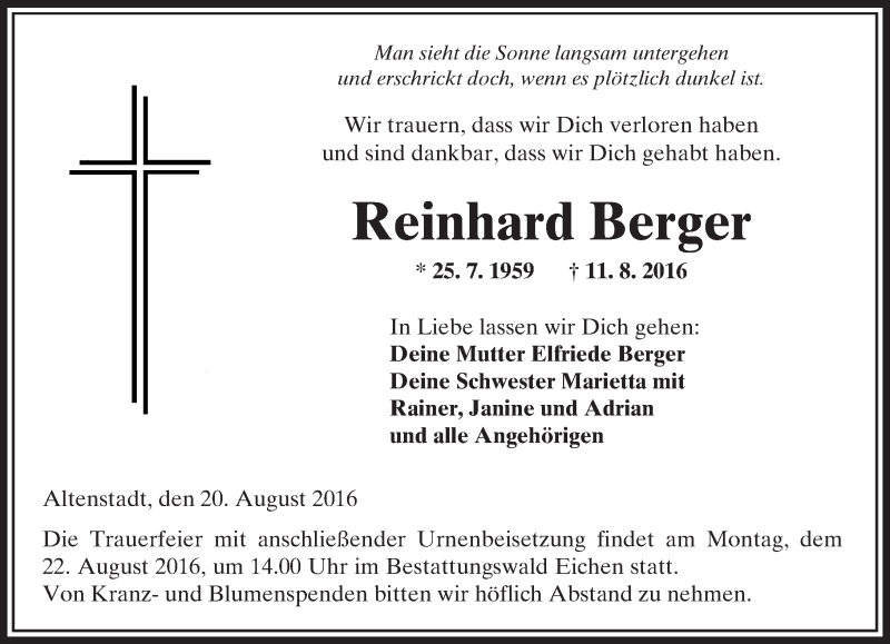  Traueranzeige für Reinhard Berger vom 20.08.2016 aus  Kreisanzeiger