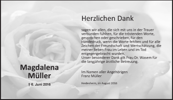 Traueranzeige von Magdalena Müller von Trauerportal Rhein Main Presse