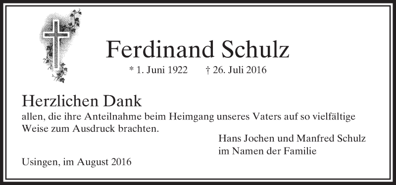  Traueranzeige für Ferdinand Schulz vom 31.08.2016 aus  Usinger Anzeiger