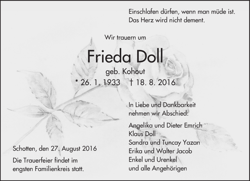  Traueranzeige für Frieda Doll vom 27.08.2016 aus  Kreisanzeiger