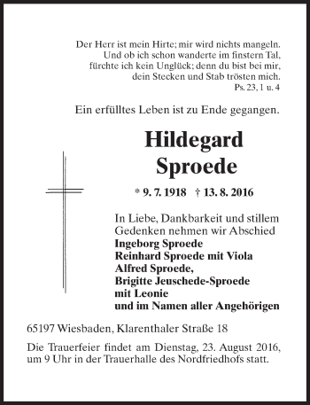 Traueranzeige von Hildegard Sproede von Trauerportal Rhein Main Presse