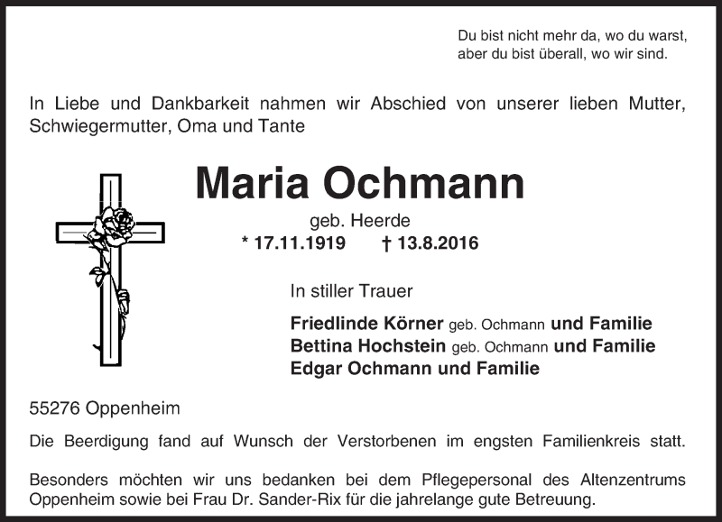  Traueranzeige für Maria Ochmann vom 24.08.2016 aus Trauerportal Rhein Main Presse
