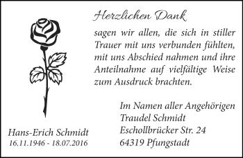 Traueranzeige von Hans-Erich Schmidt von Trauerportal Echo Online