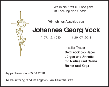 Traueranzeige von Johannes Georg Vock von Trauerportal Echo Online