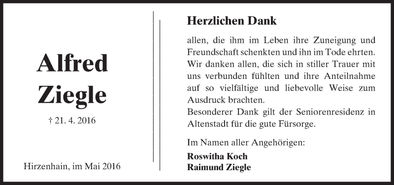 Traueranzeige für Alfred Ziegle vom 21.05.2016 aus  Kreisanzeiger