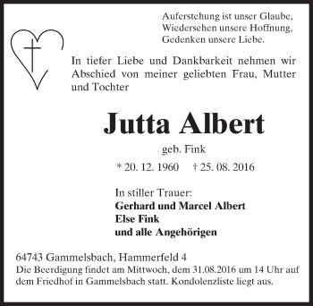 Traueranzeige von Jutta Albert von Trauerportal Echo Online