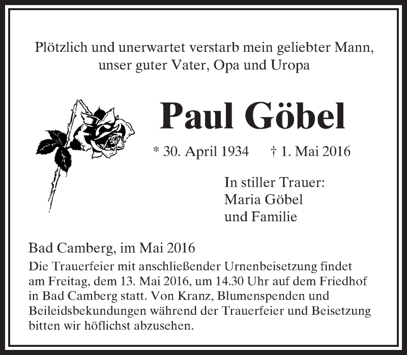  Traueranzeige für Paul Göbel vom 06.05.2016 aus  Camberger Anzeiger