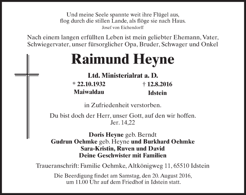  Traueranzeige für Raimund Heyne vom 17.08.2016 aus Trauerportal Rhein Main Presse