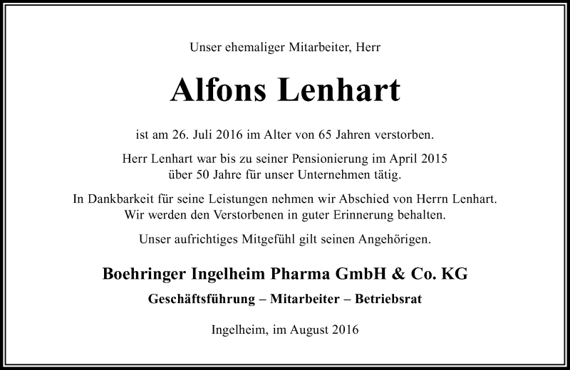  Traueranzeige für Alfons Lenhart vom 03.08.2016 aus Trauerportal Rhein Main Presse