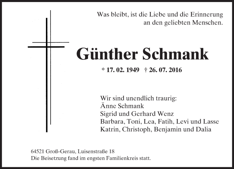  Traueranzeige für Günther Schmank vom 03.08.2016 aus Trauerportal Rhein Main Presse