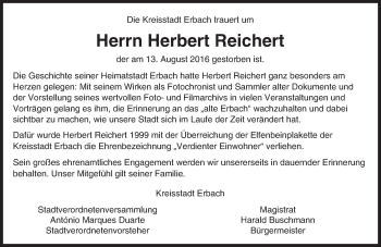 Traueranzeige von Herbert Reichert von Trauerportal Echo Online