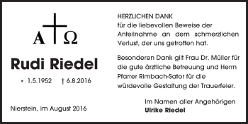 Traueranzeige von Rudi Riedel von Trauerportal Rhein Main Presse