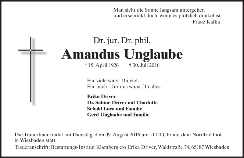  Traueranzeige für Amandus Unglaube vom 06.08.2016 aus Trauerportal Rhein Main Presse