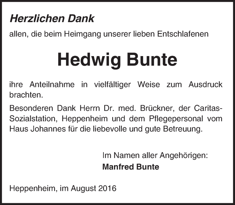  Traueranzeige für Hedwig Bunte vom 23.08.2016 aus Trauerportal Echo Online