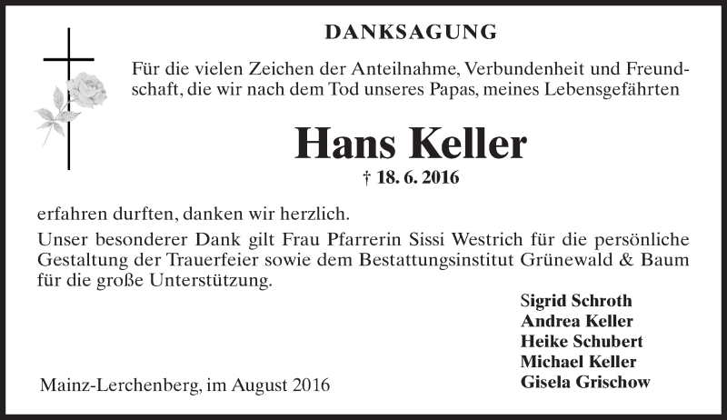  Traueranzeige für Hans Keller vom 06.08.2016 aus Trauerportal Rhein Main Presse