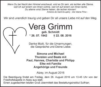 Traueranzeige von Vera Grimm von Trauerportal Rhein Main Presse