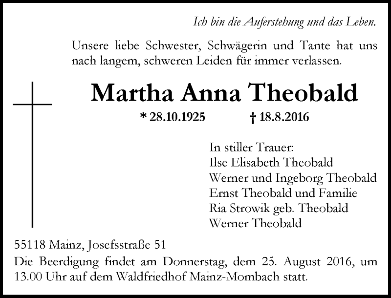  Traueranzeige für Martha Anna Theobald vom 22.08.2016 aus Trauerportal Rhein Main Presse