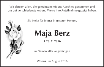 Traueranzeige von Maja Berz von Trauerportal Rhein Main Presse