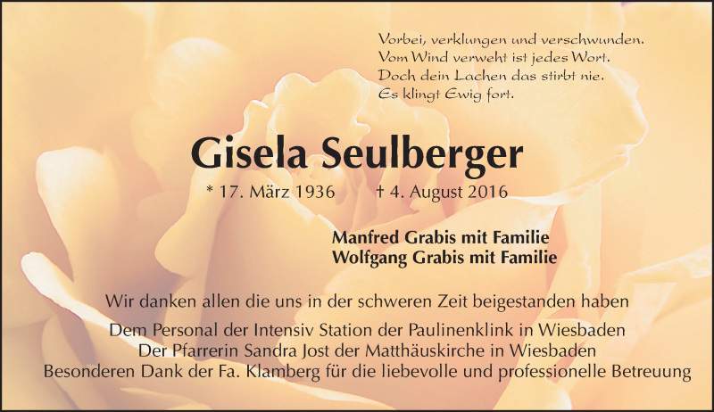  Traueranzeige für Gisela Seulberger vom 27.08.2016 aus Trauerportal Rhein Main Presse