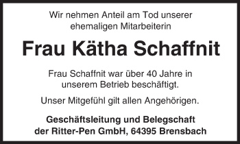 Traueranzeige von Kätha Schaffnit von Trauerportal Echo Online