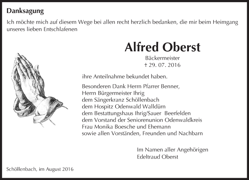  Traueranzeige für Alfred Oberst vom 17.08.2016 aus Trauerportal Echo Online