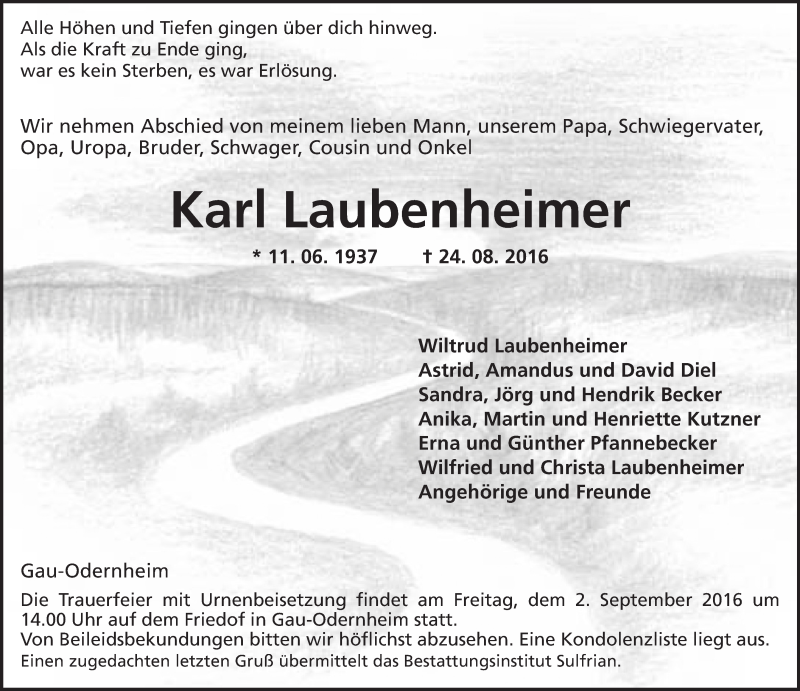  Traueranzeige für Karl Laubenheimer vom 27.08.2016 aus Trauerportal Rhein Main Presse