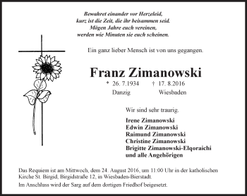 Traueranzeige von Franz Zimanowski von Trauerportal Rhein Main Presse