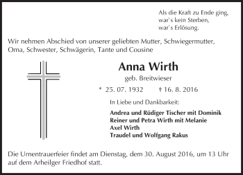 Traueranzeige von Anna Wirth von Trauerportal Echo Online