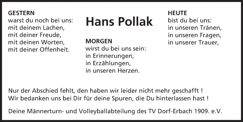  Traueranzeige für Hans Pollak vom 18.08.2016 aus Trauerportal Echo Online
