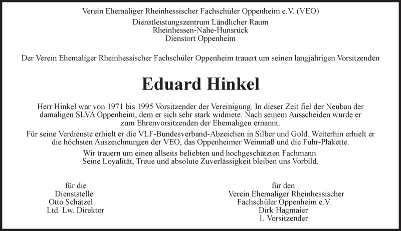  Traueranzeige für Eduard Hinkel vom 06.08.2016 aus Trauerportal Rhein Main Presse