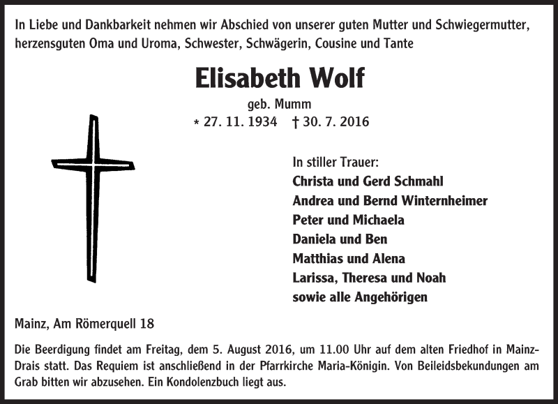  Traueranzeige für Elisabeth Wolf vom 02.08.2016 aus Trauerportal Rhein Main Presse