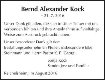 Traueranzeige von Bernd Alexander Kock von Trauerportal Echo Online