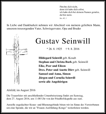 Traueranzeige von Gustav Seinwill von VRM Trauer