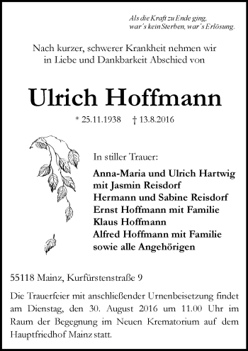 Traueranzeige von Ulrich Hoffmann von Trauerportal Rhein Main Presse
