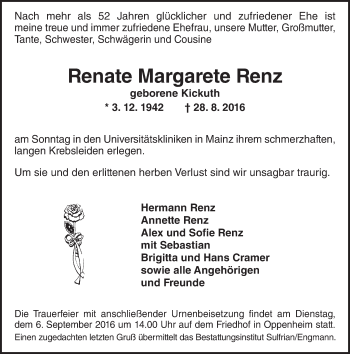 Traueranzeige von Renate Margarete Renz von Trauerportal Rhein Main Presse