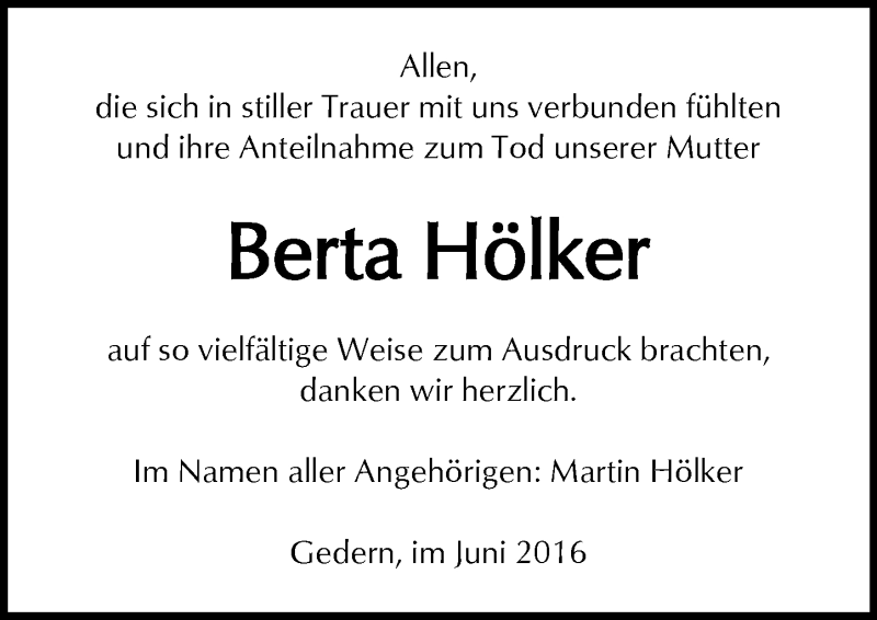  Traueranzeige für Berta Hölker vom 25.06.2016 aus  Kreisanzeiger