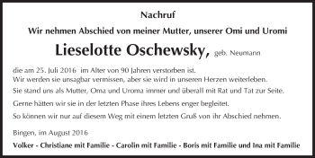 Traueranzeige von Lieselotte Oschwesky von Trauerportal Rhein Main Presse