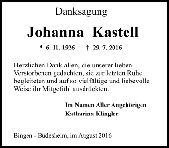 Traueranzeige von Johanna Kastell von Trauerportal Rhein Main Presse