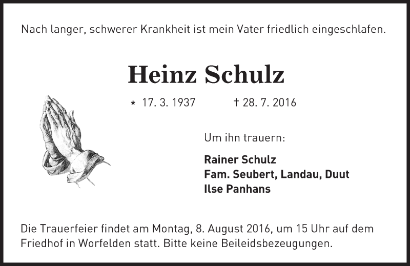  Traueranzeige für Heinz Schulz vom 06.08.2016 aus Trauerportal Echo Online