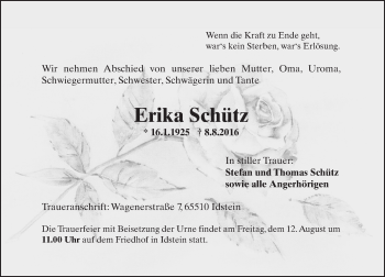Traueranzeige von Erika Schütz von Trauerportal Rhein Main Presse