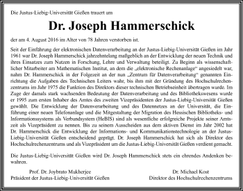 Traueranzeige von Joseph Hammerschick von  Gießener Anzeiger