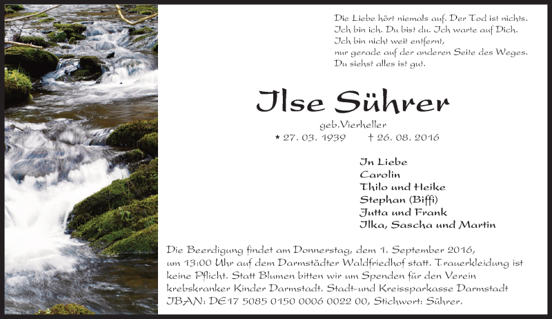  Traueranzeige für Ilse Sührer vom 30.08.2016 aus Trauerportal Echo Online