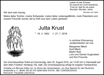 Traueranzeige von Jutta Krust von Trauerportal Echo Online