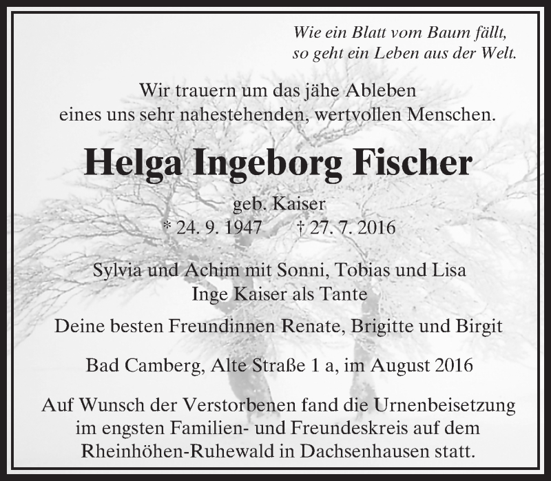  Traueranzeige für Helga Ingeborg Fischer vom 18.08.2016 aus  Camberger Anzeiger