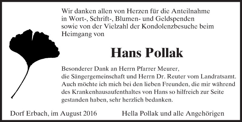  Traueranzeige für Hans Pollak vom 27.08.2016 aus Trauerportal Echo Online